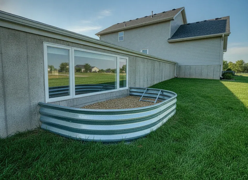 Egress basement window with a steel window well