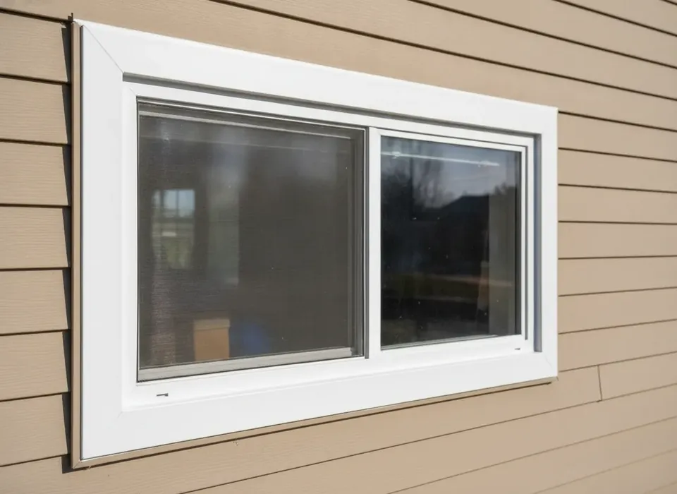 New white vinyl replacement window in lap siding
