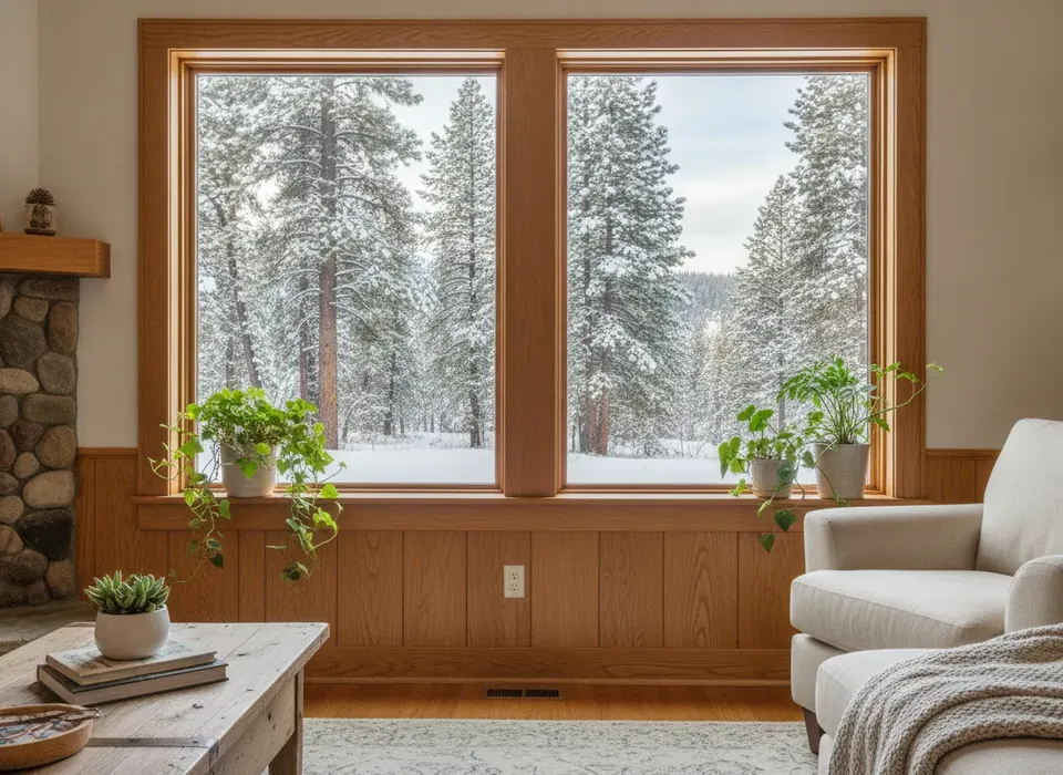 Wood-clad windows looking out at snowy pines